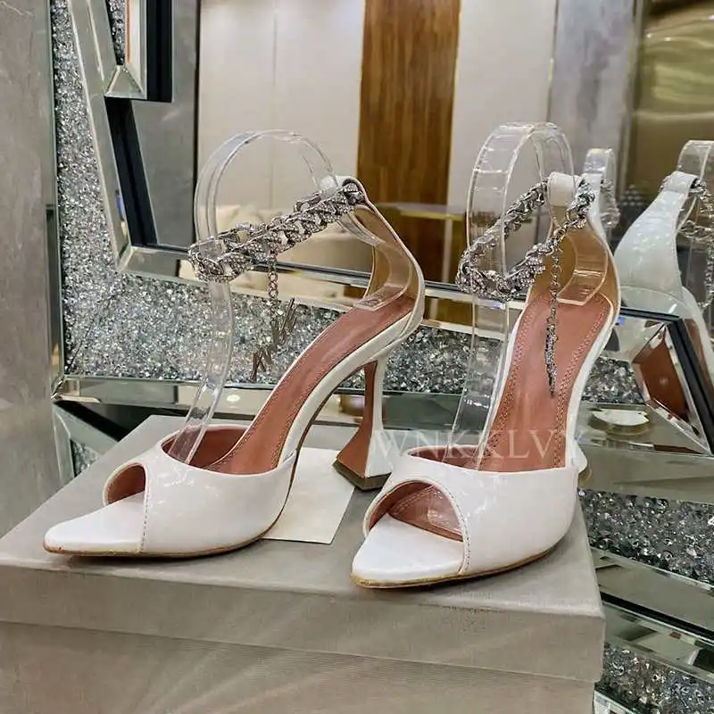 

Summer Pointed Toe Peep cup high heel sandals women one metal chain decor Rhinestone sexy party sandal stilettos sandalias