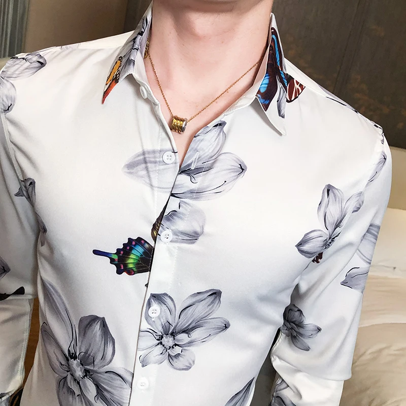 

Flower Print Shirts Men Slim Fit Streetwear Casual Shirt Social Party Blouse Male Business Dress Clothing Camisas Para Hombre