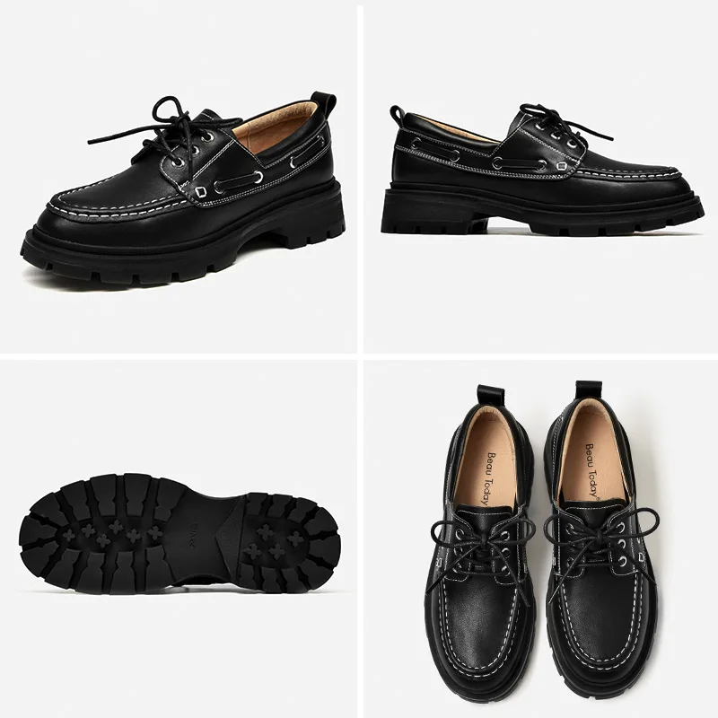 

BeauToday Platform Shoes Women Genuine Cow Leather Round Toe Sewing Lace-Up Flats Chunky Sole Ladies Derby Shoes Handmade 27739