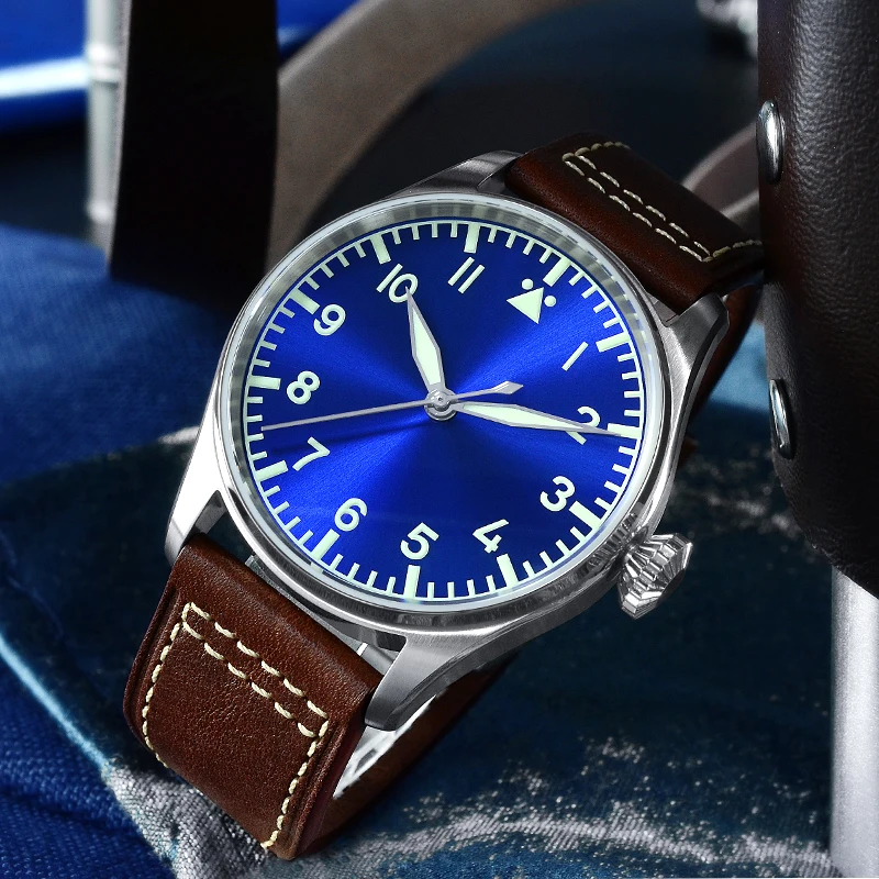 

CRONOS Pilot Watch Automatic SW200 Mechanical Wristwatch 42mm Dial SLN Green Luminous 100M Waterproof Diver Luxury Leather Strap