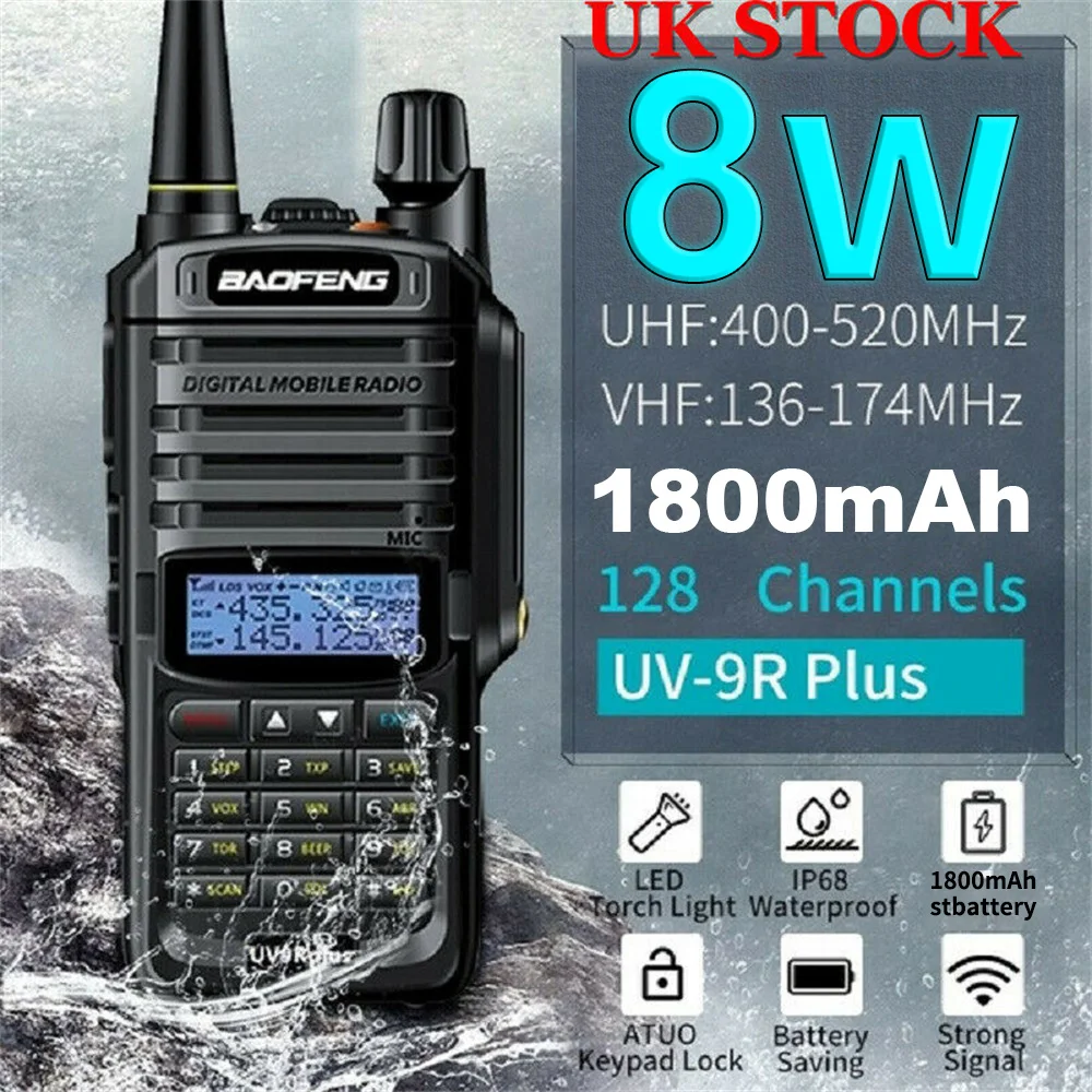 2pcs/set Baofeng UV-9R plus Walkie Talkie High Power Two Way Radio  VHF UHF Portable Radio Waterproof IP67 Walkie Talkie