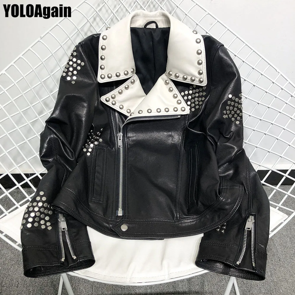 Женская куртка из натуральной кожи yoloager овечьей с заклепками|Кожаные куртки| |
