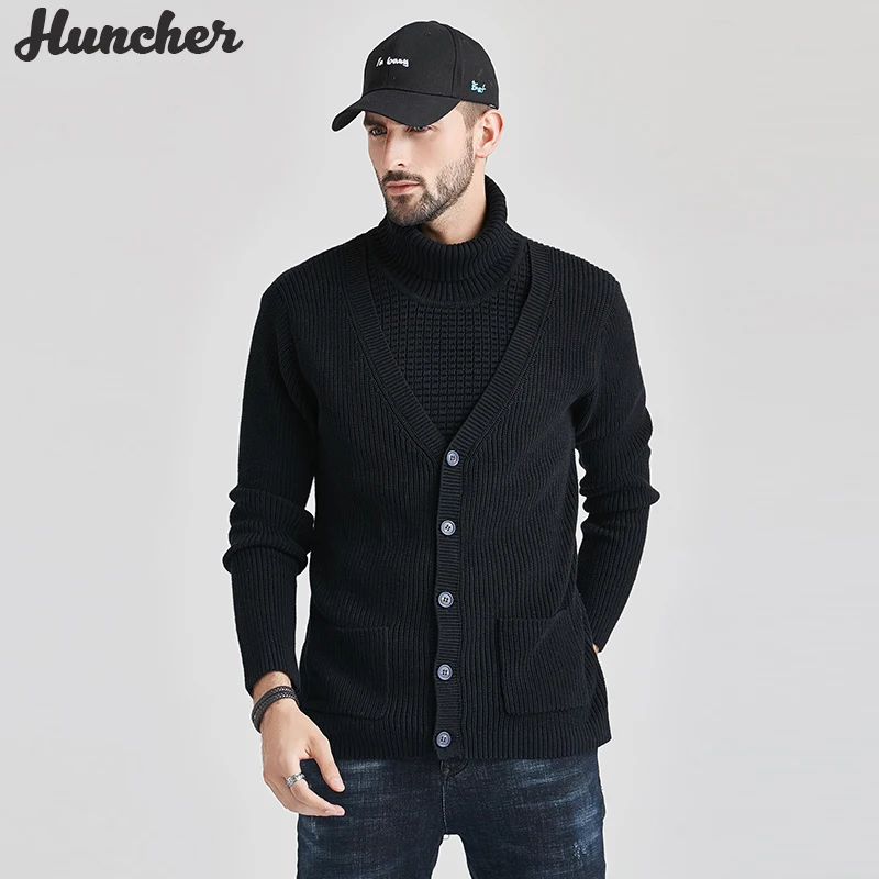 

Huncher Mens Fake Cardigan Turtleneck Sweater 2021 Fashion Casual Vintage Knitted Jumper Male Korean Pullovers Sweaters For Men