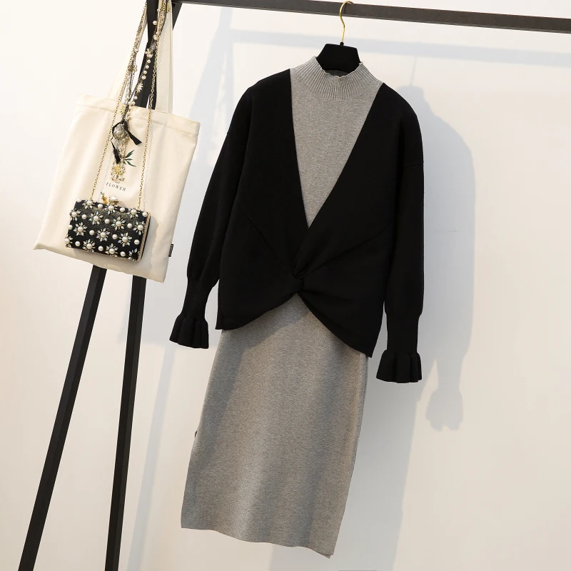 Plus Size good quality Autumn Women's Sweater + Straped Dress Sets Female Casual Two-Piece Suits Loose Knit Mini Dresses | Женская
