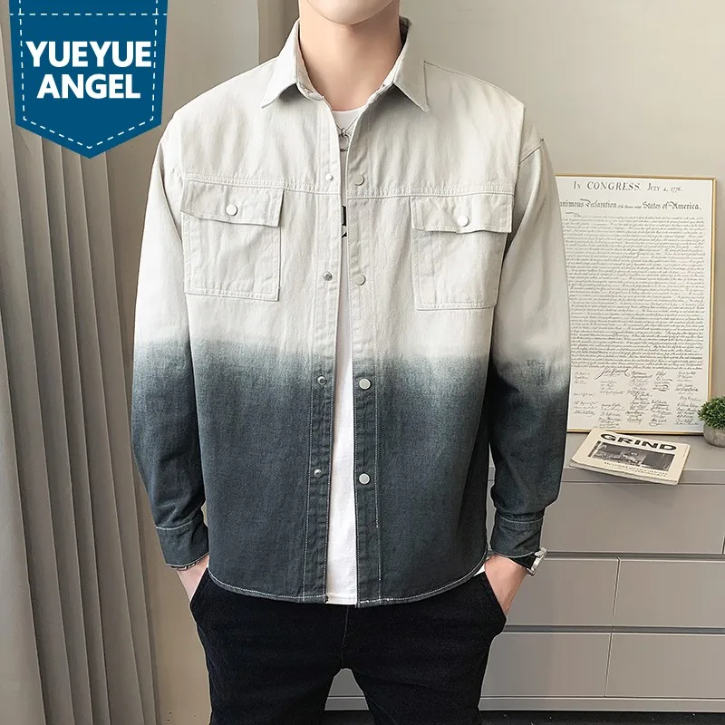 

Leisure Gradient Denim Jacket Men Spring Autumn Loose Single Breasted Cowboy Jackets Street Pockets Long Sleeve Cargo Coat