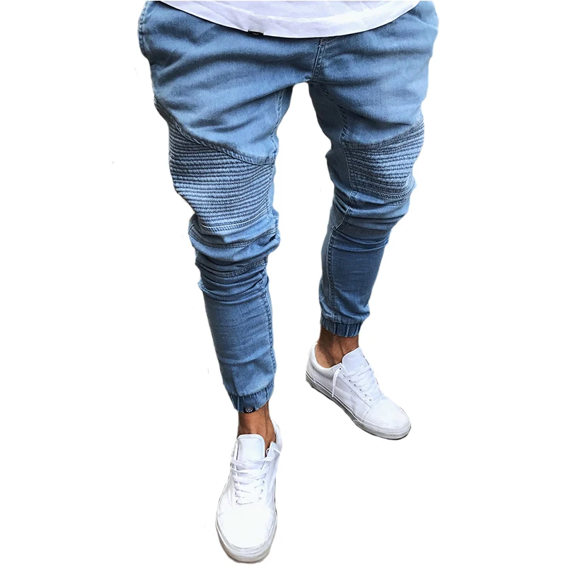 Mens Skinny Black Jeans Fashion Slim Fit Pleated High Waisted Jeans Men Casual Ankles Elastic Denim Pencil Pants