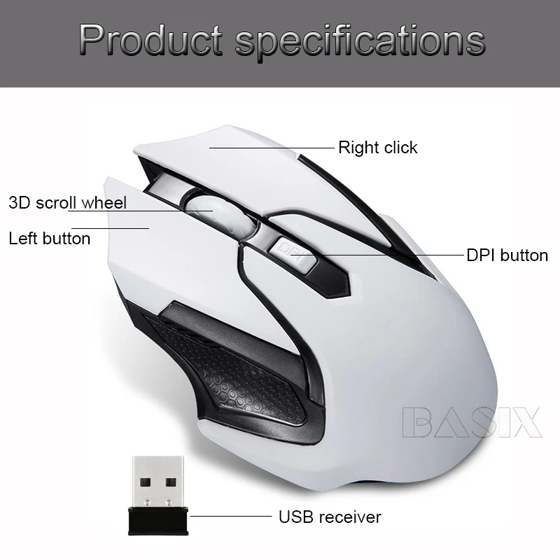 Basix 2,4 ГГц Беспроводная игровая мышь 6 кнопок USB Беспроводная мышь геймер мышь 1600 точек/дюйм регулируемые оптические мыши для ПК компьютера ноутбука