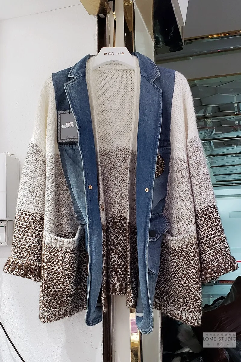 

ZCSMLL 2021 Autumn New European Goods Contrast Color Sweater Stitching Denim Suit Collar Knitted Cardigan Jacket Women