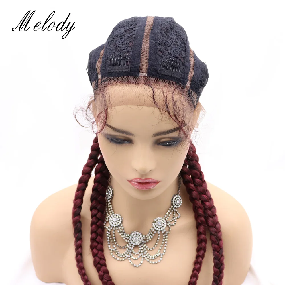 Long 4 Twist Braids Wine Red Synthetic 360 Full Lace Box Cornrow Braid Wig Add Human Weaving with Baby Hair for Black Women | Шиньоны и