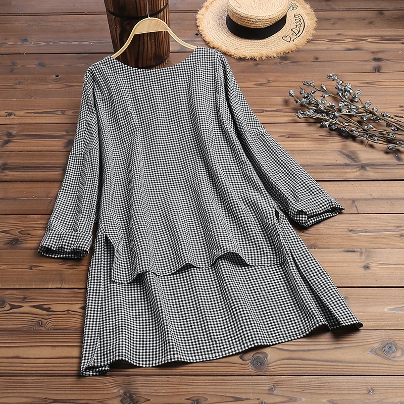 

ZANZEA Cotton Linen Shirts 2021 Vintage Plaid Check Blouses for Women Casual O Neck Long Sleeve Tunic Tops High Low Split Blusas