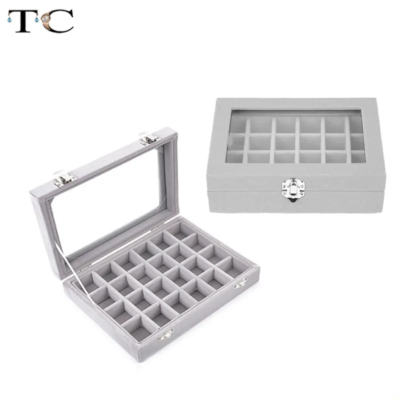 Бархатная шкатулка для ювелирных украшений с 24 ячейками и стеклянным покрытием