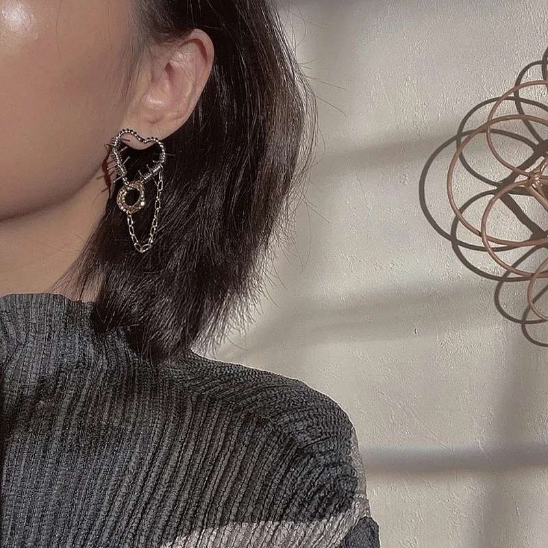 

LOVOACC Unique Design Hollow Love Heart Tassel Earrings for Women Asymmetric Long Chains Heart Hanging Dangle Earrings Brincos