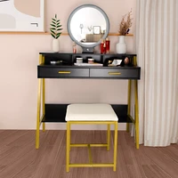 Dresser Dressing Table Golden Steel Frame with LED 3-Color Touch Round Mirror 2 Drawers Storage Shelf White/Black[US-Stock]