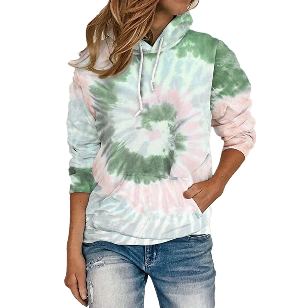 

Female T-Shirt, Tie-Dye Print Long Sleeve Hooded Blouse Tops for Women, Purple/Gray/Green/Lake Blue