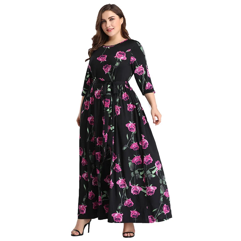 Женский офисный костюм большого размера длинное черное платье с розами размеры L
