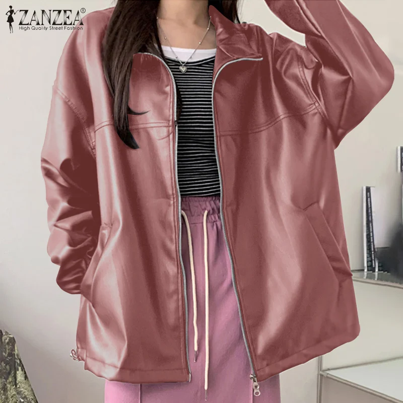 

Модные куртки ZANZEA из искусственной кожи, пальто, осенняя теплая верхняя одежда 2022, Повседневная однотонная верхняя одежда большого размера ...