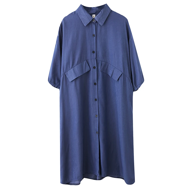 

2021 Summer New Artistic Large Size Loose Mid-Length Shirt Dress Fat Girl Flab Hiding Slimming Middle Sleeve Dress for Women