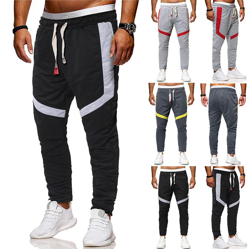 

Pencil Pants Men's European Size Contrast Color Spliced Trousers with Zipper Leisure Drawstring Trousers