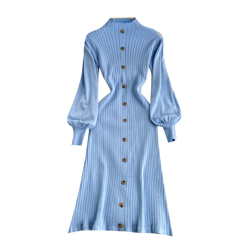 

Women Korean Knitted Dress Stand Collar Puff Sleeve Elastic A-line Dress 2021 Autumn Fashion Streetwear Sweater Dress