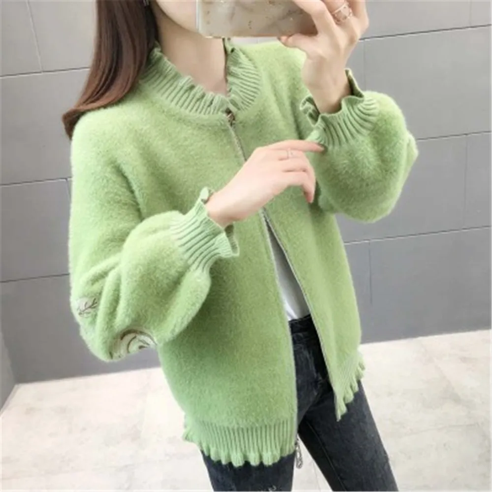 2020 Korean Faux Mink Cashmere Sweater V Neck Embroidery Long Lantern Sleeve Zipper Cardigans Autumn Winter New Fashion Coats |