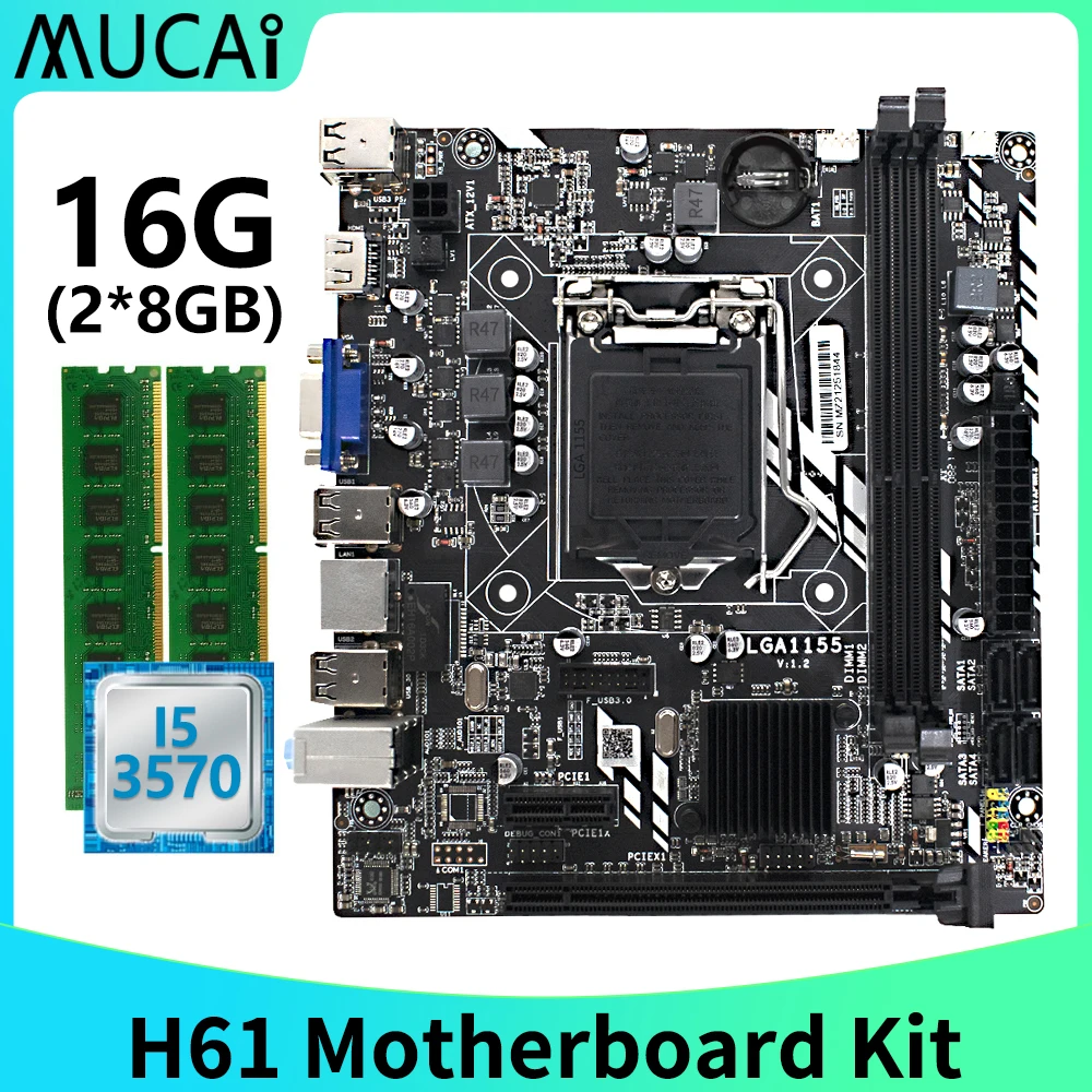 Материнская плата MUCAI H61 LGA 1155 комплект с процессором Intel Core i5 3570 и DDR3 16 Гб (2*8 ГБ) 1600
