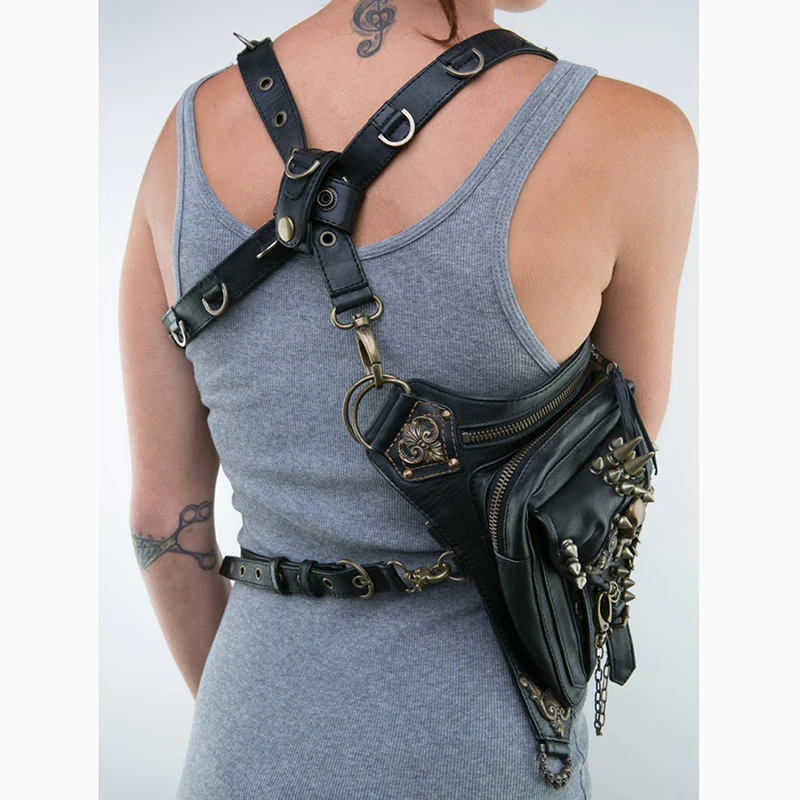 

High Quality Leather Rivet Women Drop Leg Bag Steampunk Retro Rock Waist Belt Bag Men Motorcycle Crossbody Shoulder Bags