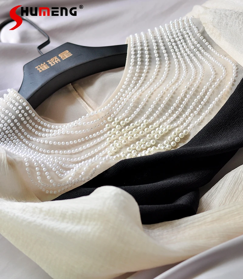 

Gentle Beaded Mesh Chiffon Splicing Knitwear 2022 Spring New Elegance Lantern Sleeve Slim Fit Bottoming Pull Over Sweater Women