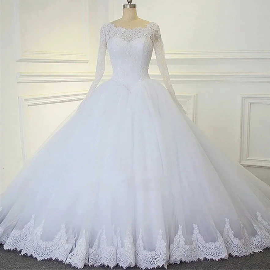 

Vestido De Noiva Luxury Wedding Dresses for Women Ball Gown Bridal Dresses Long Sleeve Pearls Applique Lace Wedding Gowns
