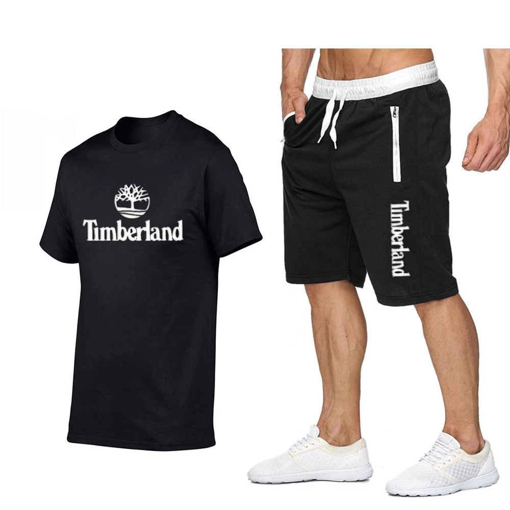 

2021 Summer Men's T-shirt Set 2-Piece Men's Sportswear Set Basketball Sports Fitness Timberland Printed Short Sleeve + Men's Sui