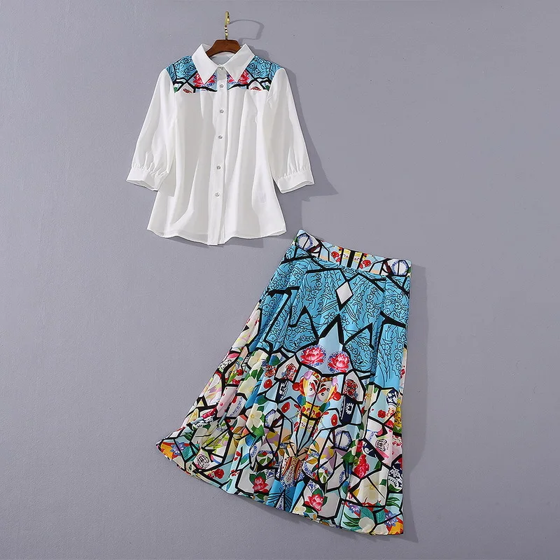 

Europe and the United States women's clothing New Summer 2021 shirt three-quarter sleeves Printed pleated skirt Fashion suits