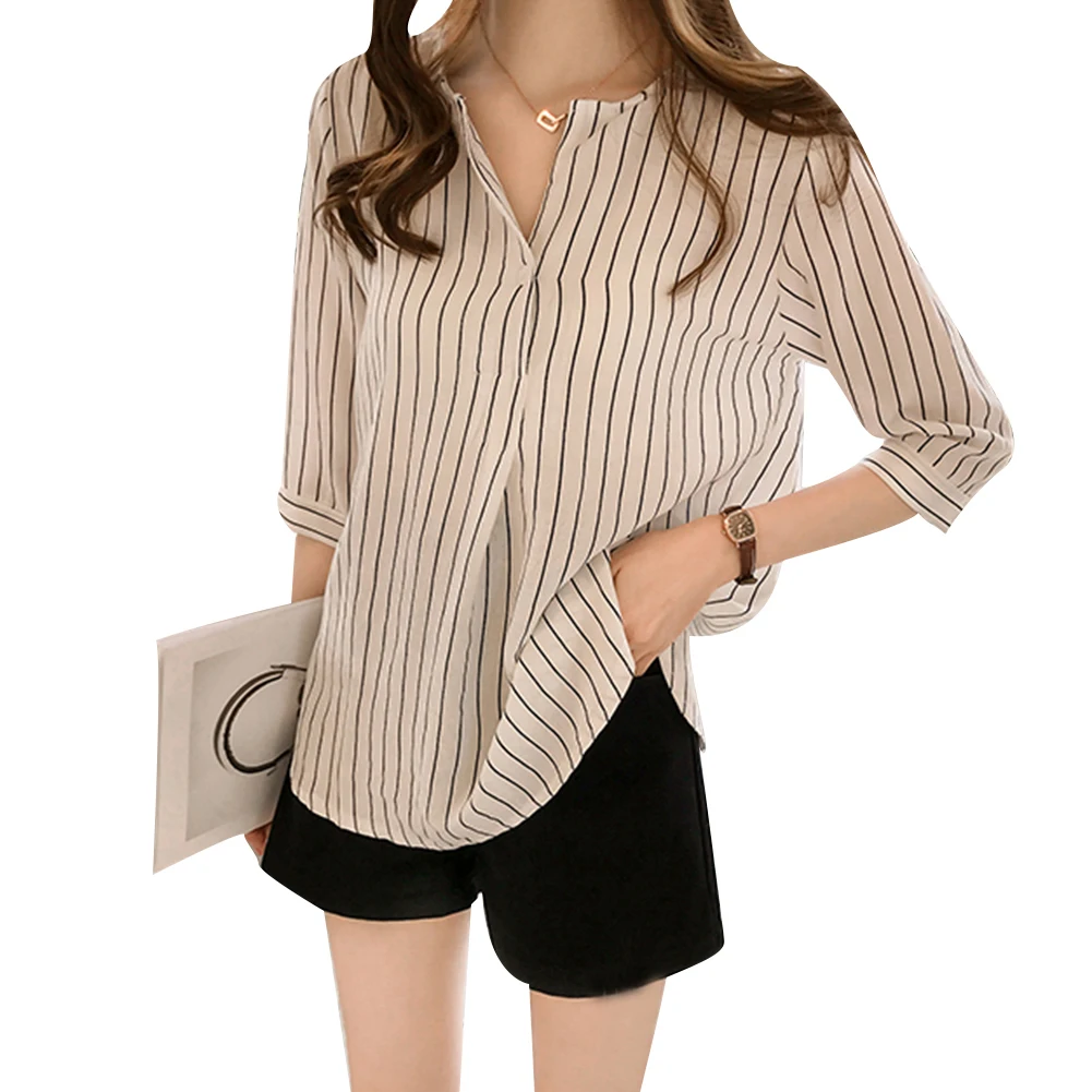 Модная женская Свободная блузка на пуговицах с v образным вырезом и рукавом 3/4