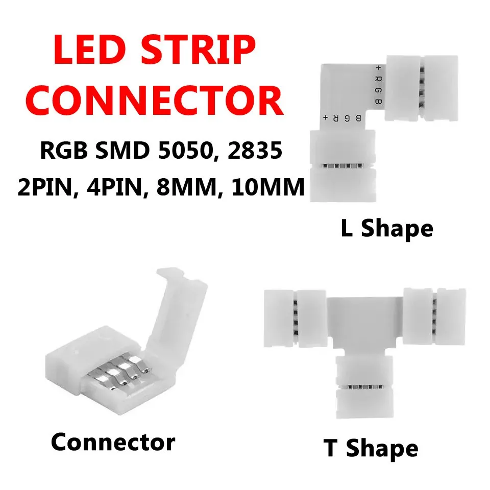 

5 шт. 2-контактный, 3-контактный, 4-контактный разъем для светодиодной ленты, 8 мм, 10 мм, T, L-образный разъем, 2835, 5050, RGB светодиодная ленсветильник ...