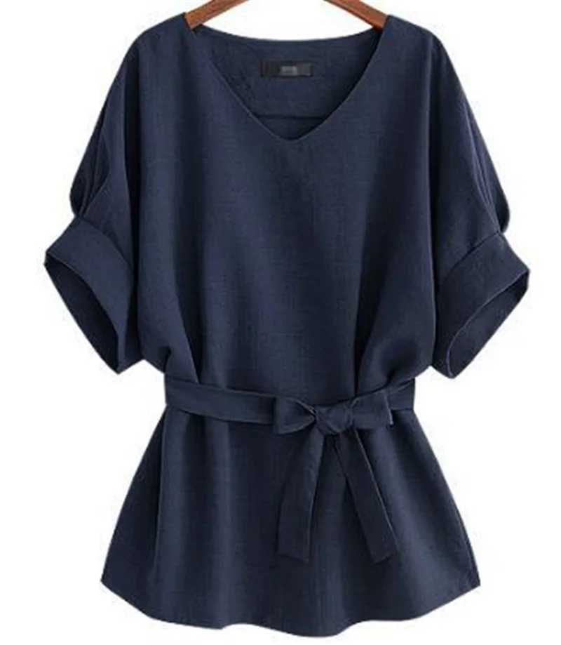 

Maternity Women's Cotton And Linen With Belt Solid Bat Short Sleeve Top Large Shirt