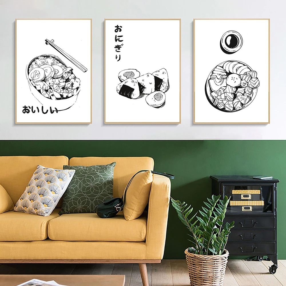 

Japanese Cuisine Food Bento Egg Ramen Poster Nordic Black White Canvas Painting Nordic Wall Art Picture Kitchen Restaurant Decor