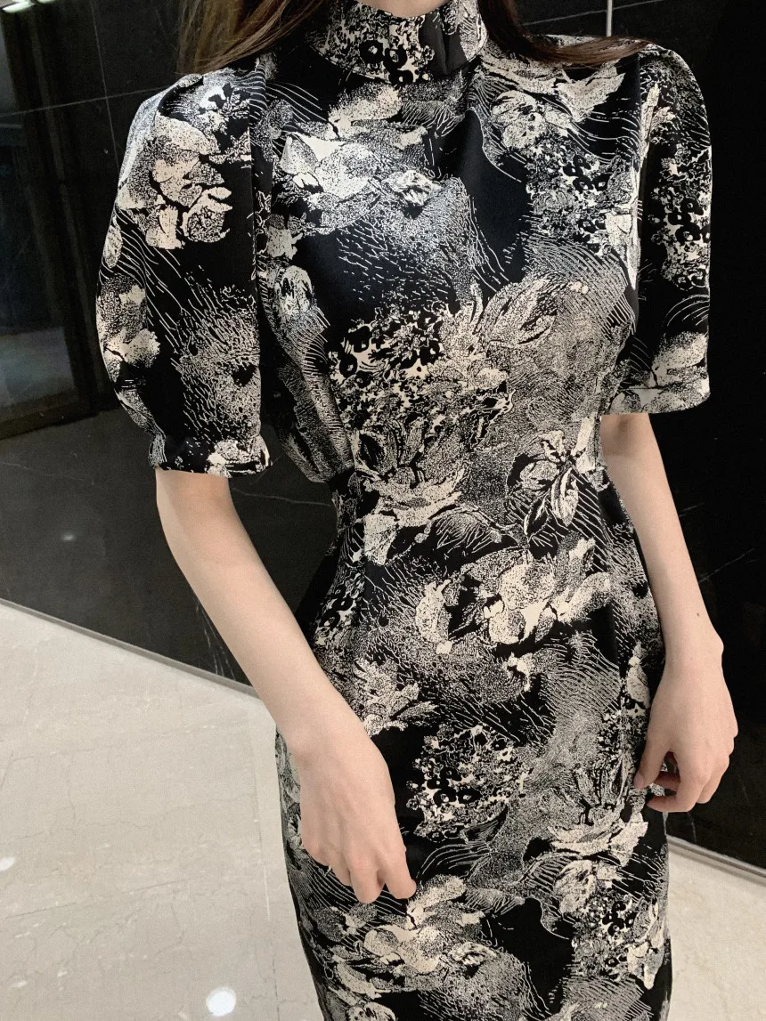 

ZCSMLL Korean chic French temperament painting stand-up collar tie waist slim slimming package hip split dress female 2021 Tide