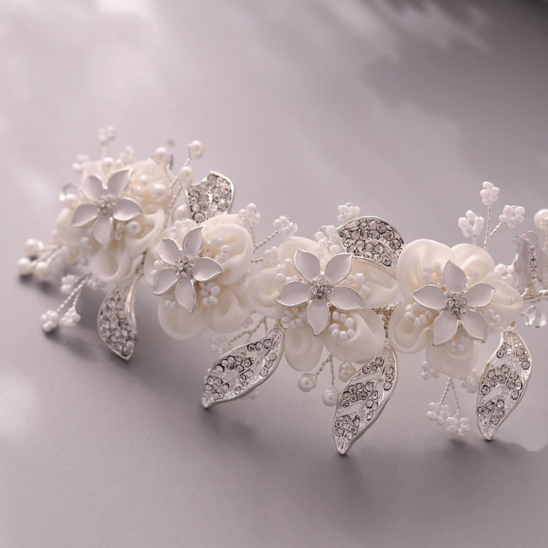 SLBRIDAL Handmade Silver Color Crystal Rhinestones Pearls Flower Leaf Wedding Headband Bridal Hair Accessories Women Jewelry | Украшения и