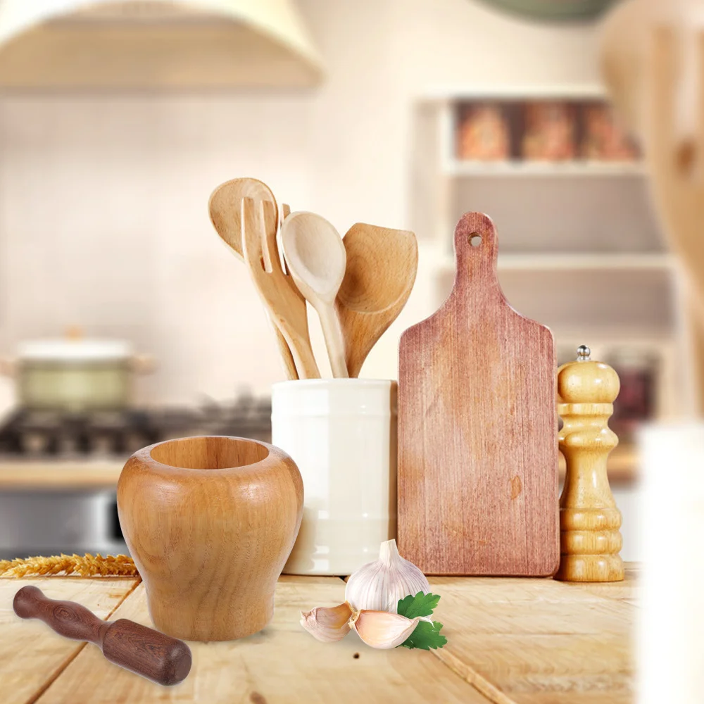 

1 Set Household Garlic Grinding Pot Pestle Wooden Garlic Grinder (Log Color)