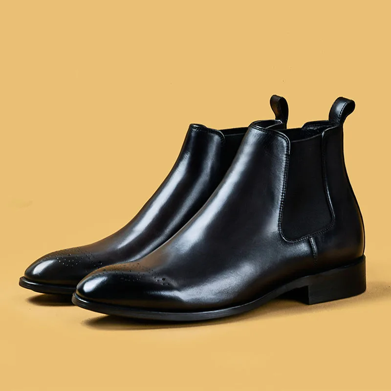 

Genuine Leather Chelsea Mens Boots Luxury Handmade Brogue Carved Formal Wedding Party Shoes Vintage Retro Custom Man Boots A003