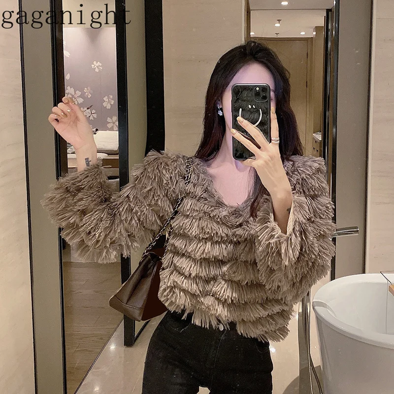 Gaganight модная женская футболка с кисточками длинным рукавом и v-образным вырезом