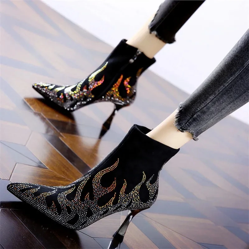 

Ladies Glitter Rhinestone High Heels Shoes Pointed Toe Thin Heel Sexy Women Shoes Autumn Winter Woman Wedding Shoe Ankle Boots