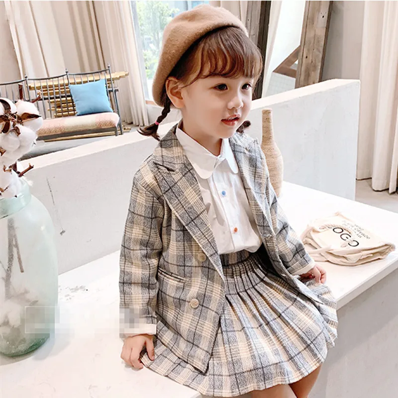 

DFXD/высококачественные весенние комплекты для детей одежда для малышей клетчатый блейзер для мальчиков и девочек пальто + плиссированная юб...