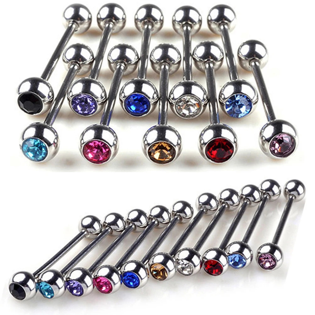 

5Pcs Random Color Stainless Steel Tongue Studs Crystal Ball Tongue Bars Ring Barbell Piercing Body Jewelry