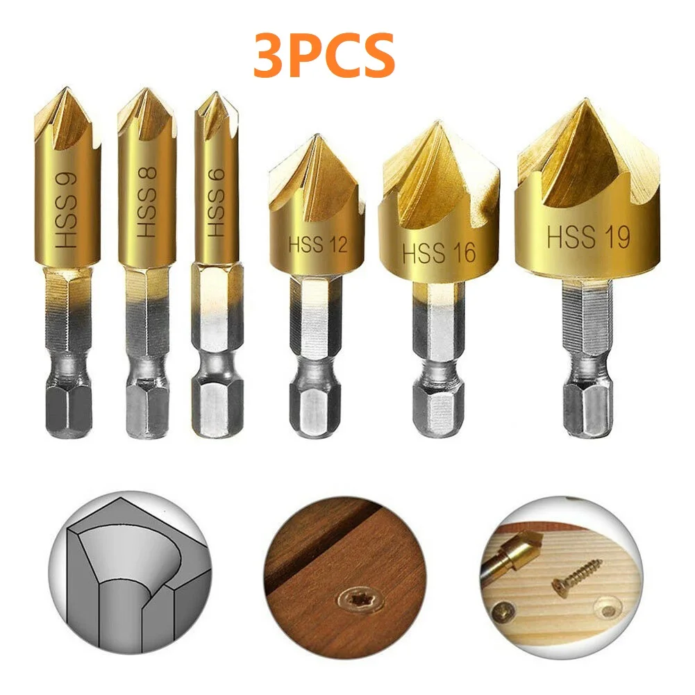 

3pcs 1/4'' Hex HSS Countersink Drill Bit Set 5 Flute Chamfer Cutter 6mm-19mm 90 Countersink Drill Multi Tools