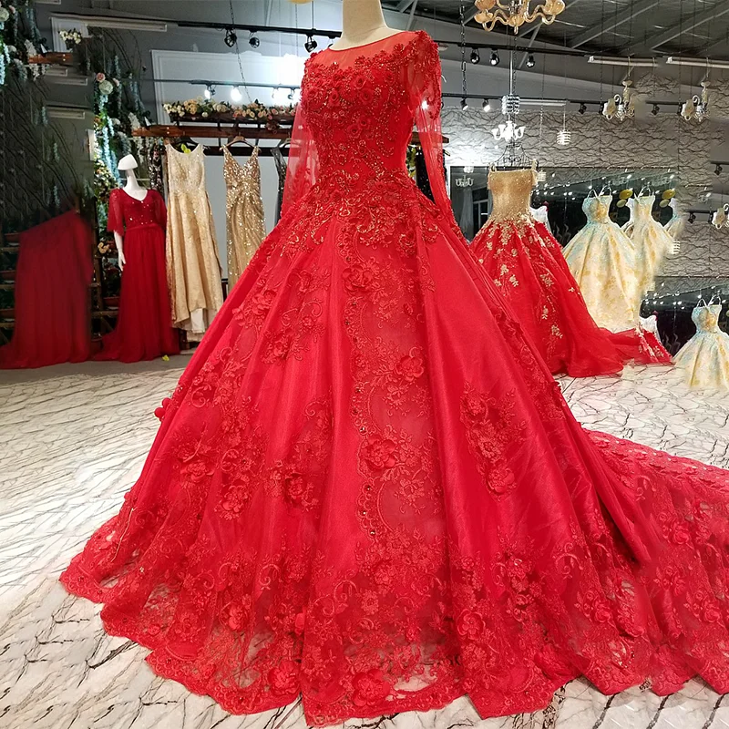 Красные винтажные Свадебные платья LS64449 для невесты с круглым вырезом и длинным