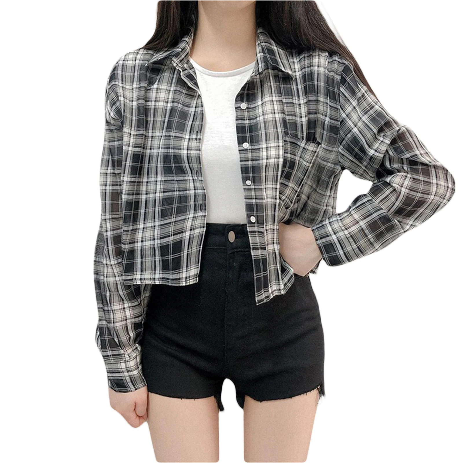 

Women Casual Button Down Pocket Shirts Fall Spring Classic Long Sleeve Plaid Print Loose Lapel Tops T-shirts Ladies Tees Blouse