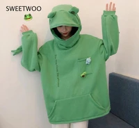 2021 autumn and winter new plus size couples harajuku style frog plus velvet thick large pockets hooded sweater loose jacket