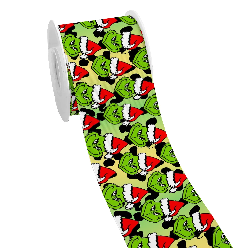 

5 Yards New Grosgrain/Satin Ribbon Green fur monster with christmas hat Printed for Party for Hair Bows DIY Crafts Accessories