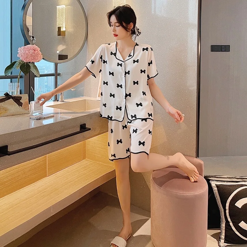 

Wmyqdlq Pyjamas Set Women's Ice Silk Pajamas Suit Summer New Short-Sleeved Shorts Sleepwear Bow Pattern Comfortable Home Service