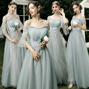 Bridesmaids Dresses Illusion Off The Shoulder Appliques Sequined O-Neck Embroidery Beading Tulle Women Wedding Party Dress E055 Bridesmaids Dresses Illusion Off The Shoulder Appliques Sequined O-Neck Embroidery Beading Tulle Women Wedding Party Dress E055