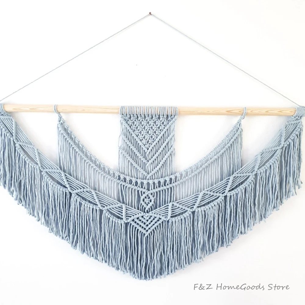 Tapiz colgante de pared de macram&eacute;, tejido a mano, color gris, bohemio, elegante, para decoraci&oacute;n del hogar, sala de estar, apartamento y dormitorio-2
